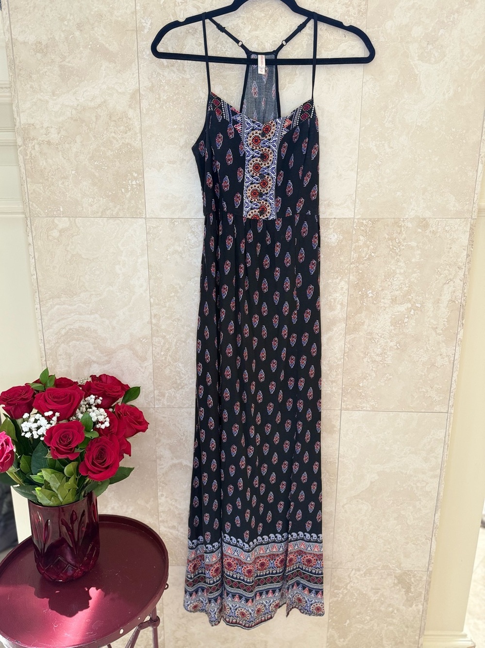 Boho Paisley Border Print Maxi Dress XS Festival Coastal Wedding Guest EUC